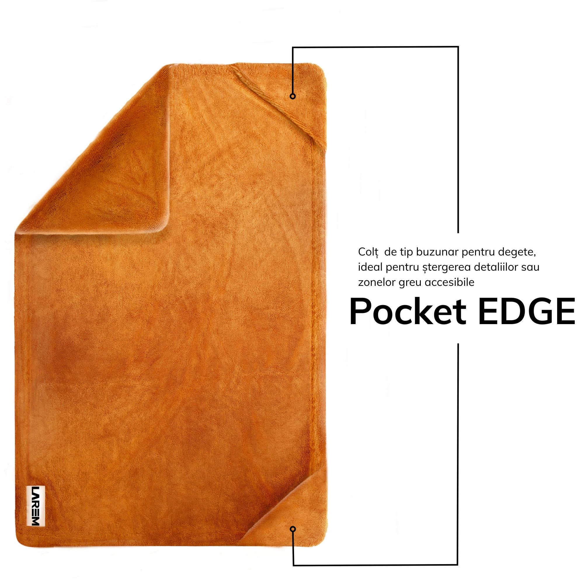 Prosop Uscare Auto | Pocket EDGE, 60X90cm, 2x Colțuri tip buzunar, 2x fețe, 1300GSM, Larem